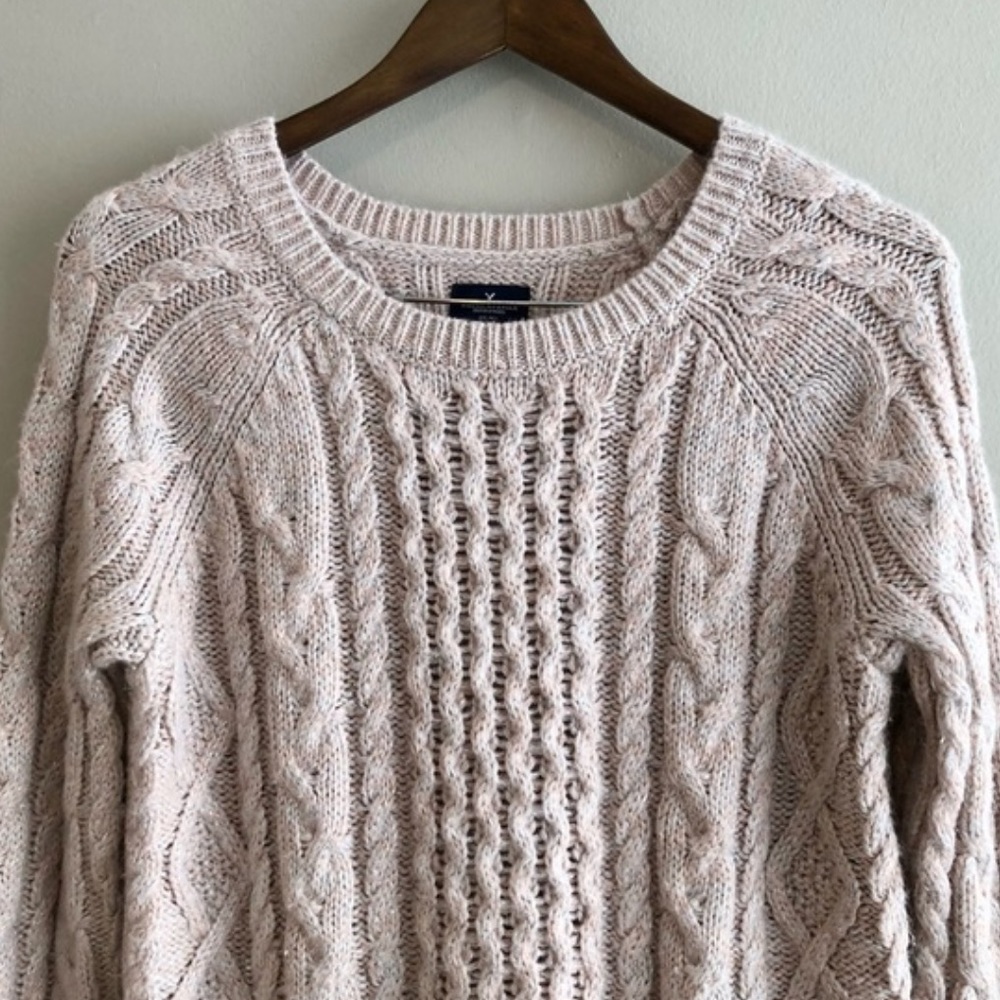 American Eagle Metallic Cable Knit Knitted Long Sleeve Sweater Shirt Top Pink - Picture 2 of 8